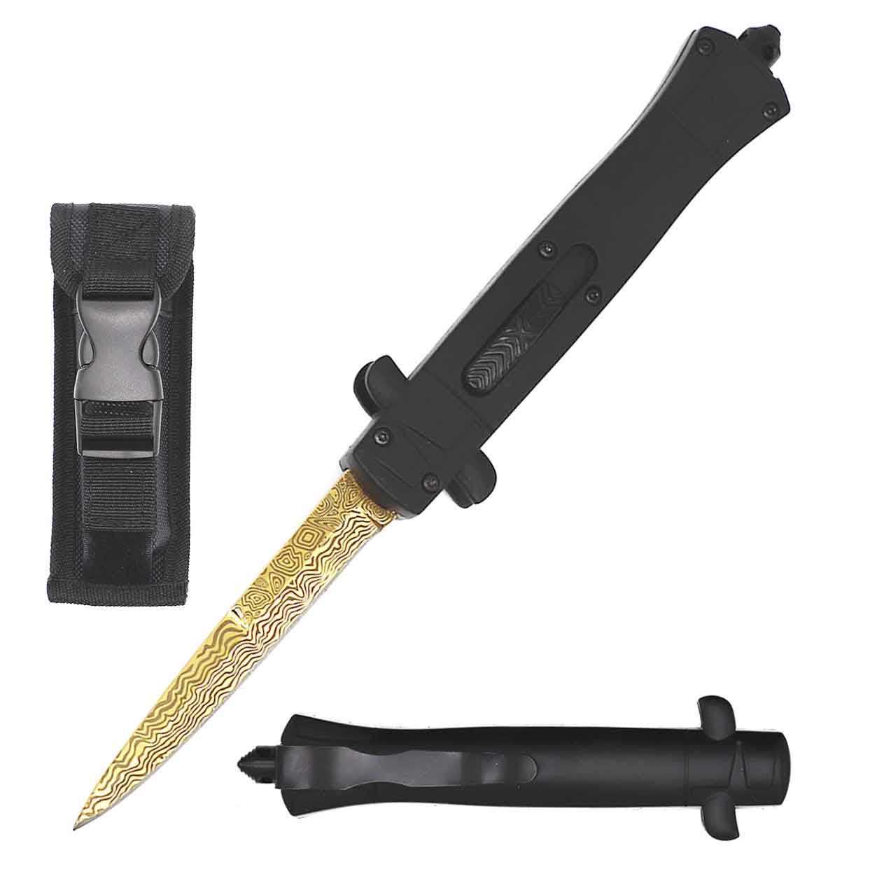 9" Italian Stiletto Style OTF Knife Gold Damascus Etched Blade - TOPHATTER'S ARMORY DEALS Collectible Weapons - Tophatter Daily Deals