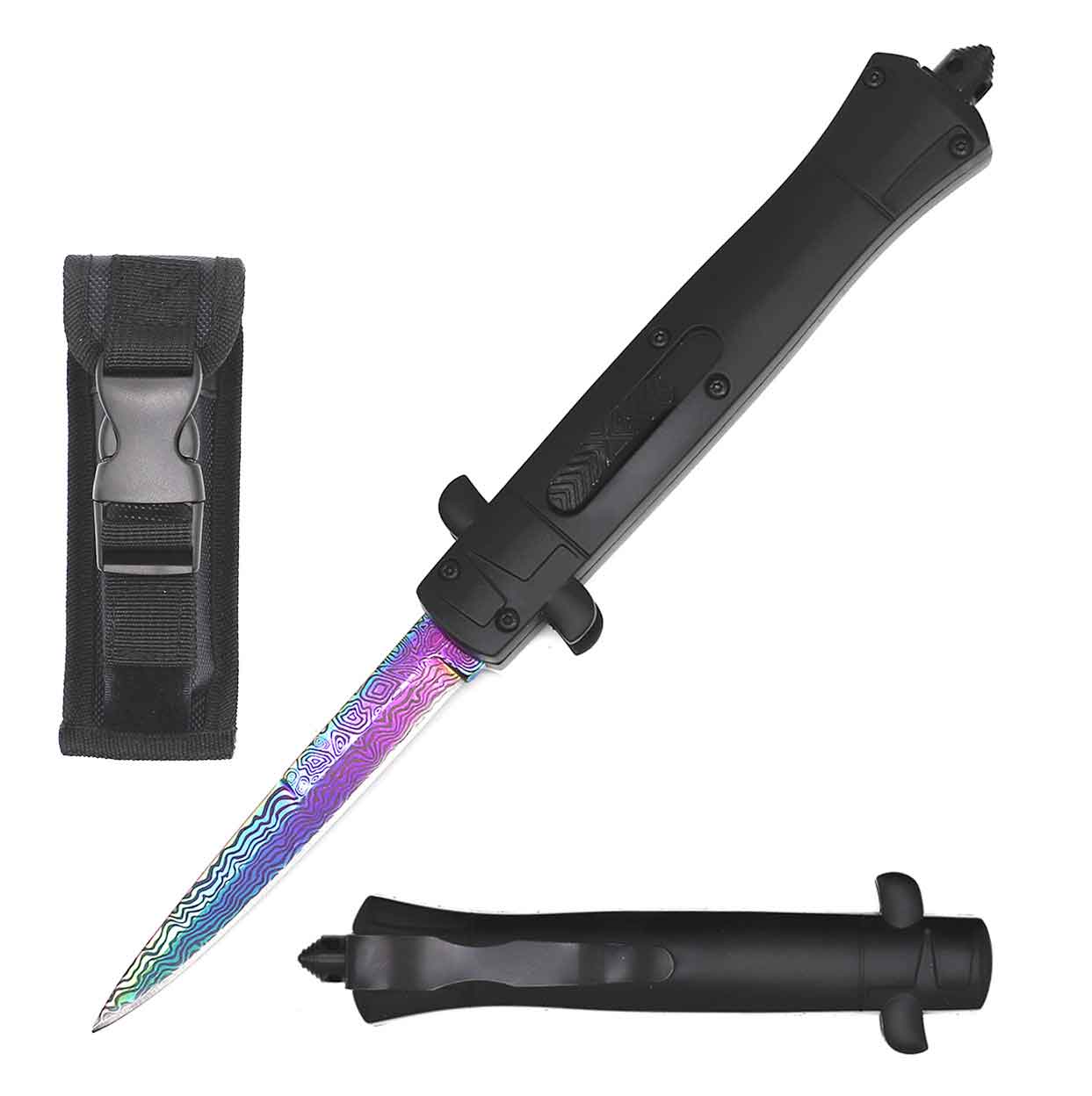 9" Italian Stiletto Style OTF Knife Rainbow Damascus Etched Blade - TOPHATTER'S ARMORY DEALS Collectible Weapons - Tophatter Daily Deals