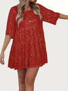 Full Size Sequin Round Neck Half Sleeve Mini Dress Deep Red Casual Dresses - Tophatter Daily Deals