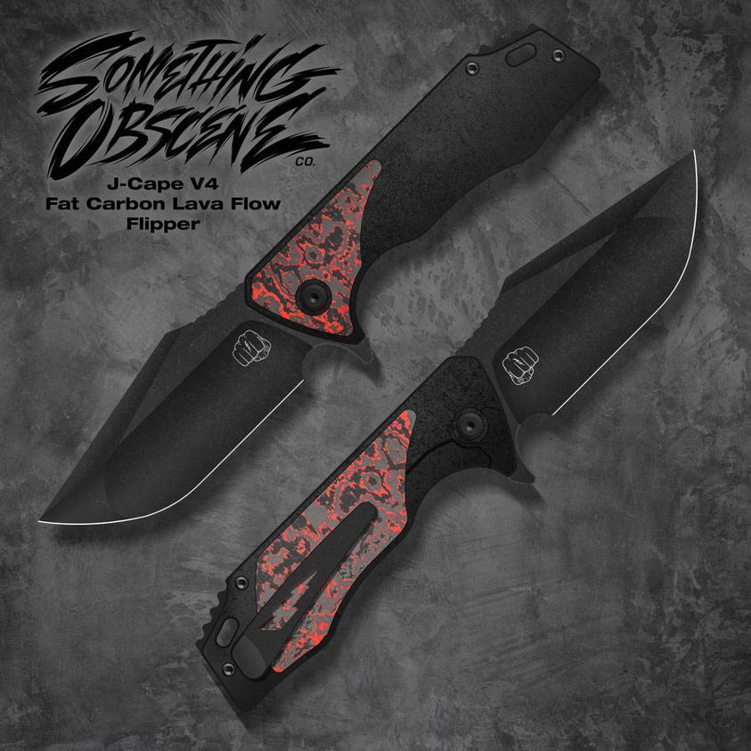 Something Obscene Company J-Cape V4 - St. Nick's Knives Exclusive - CPM-20CV Steel - Fat Carbon Lava Flow Inlays - Blackout Titanium Handle - Flipper Knives - Tophatter Daily Deals