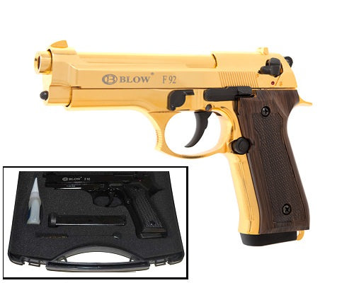 Blow V92F 9MM Blank Firing Gun Gold Finish With Wood Grip - Tophatter's Guns'N'Weapons Store Collectible Weapons - Tophatter Daily Deals