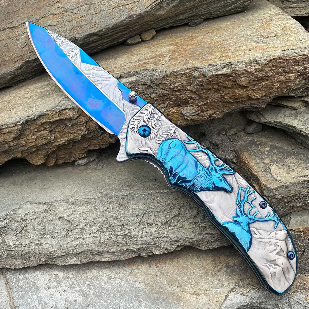 Fantastic Reindeer Folding Knife Blue Titanium - Tophatter Daily Deals