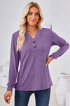 Notched Button Detail Long Sleeve T-Shirt Lavender Women's T-Shirts - Tophatter Daily Deals