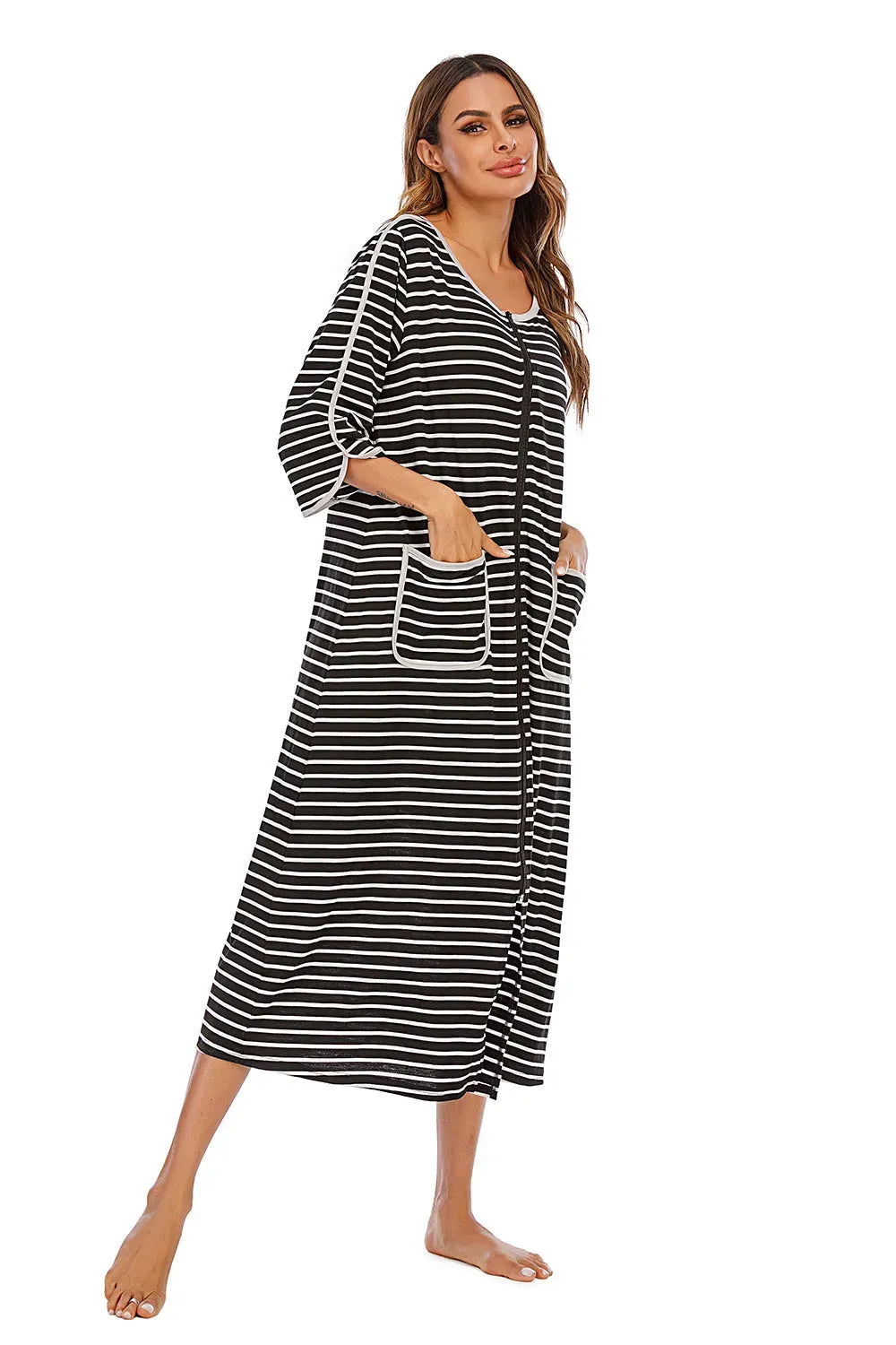 Round Neck Three-Quarter Sleeve Midi Night Dress Sleep Dresses - Tophatter Daily Deals