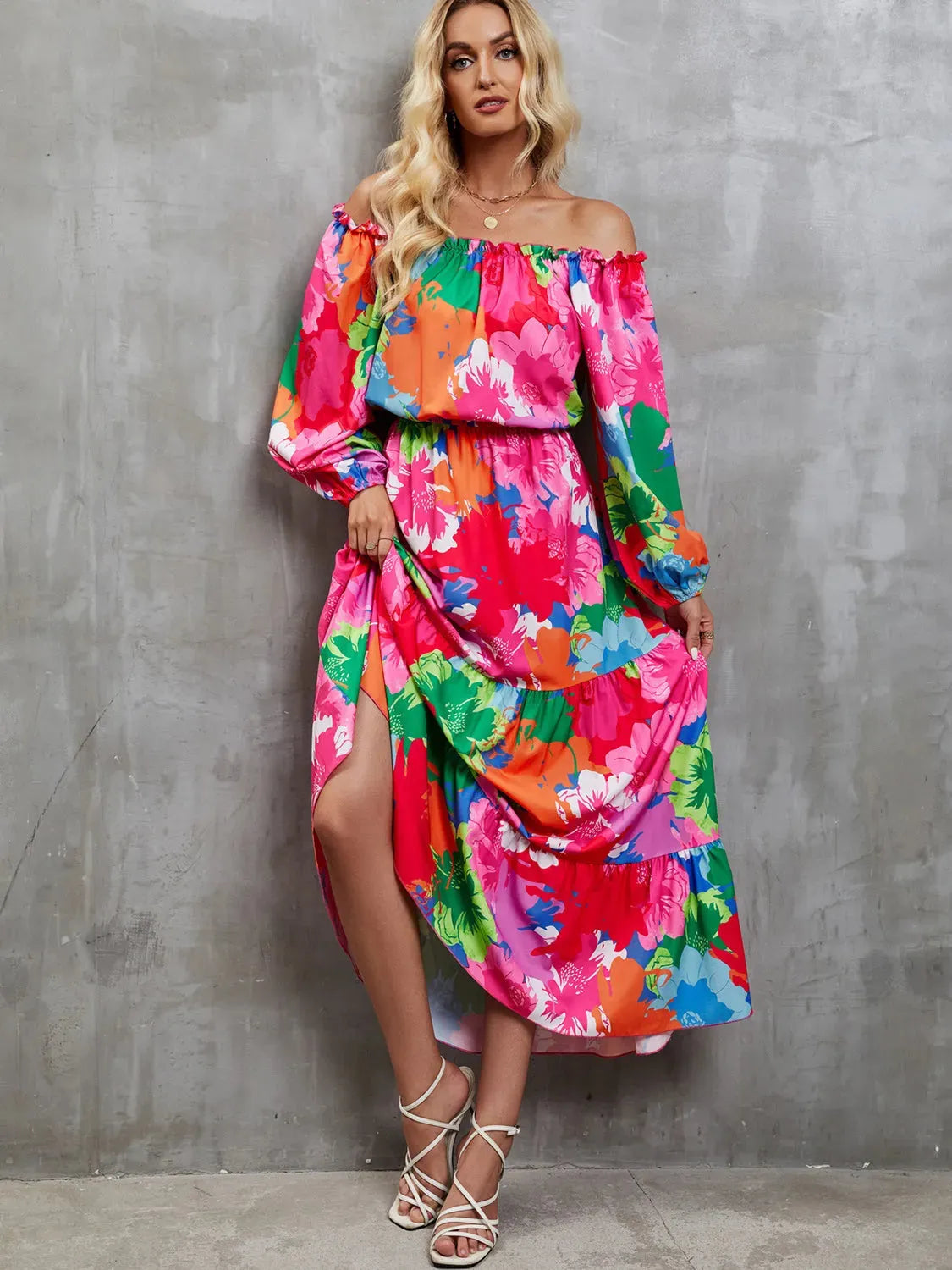 Printed Off-Shoulder Balloon Sleeve Tiered Dress Hot Pink Casual Dresses - Tophatter Daily Deals