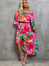 Printed Off-Shoulder Balloon Sleeve Tiered Dress Hot Pink Casual Dresses - Tophatter Daily Deals