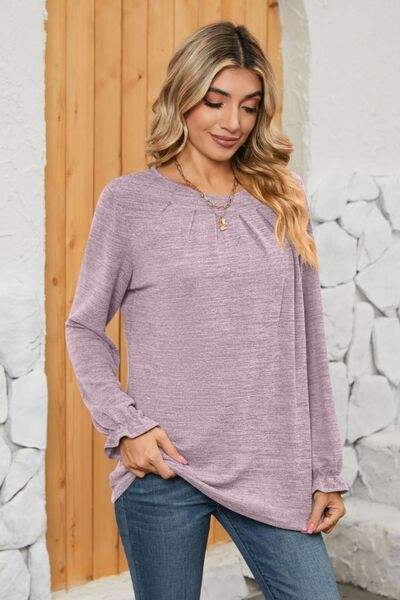 Ruched Round Neck Flounce Sleeve T-Shirt Lilac Women's T-Shirts - Tophatter Daily Deals