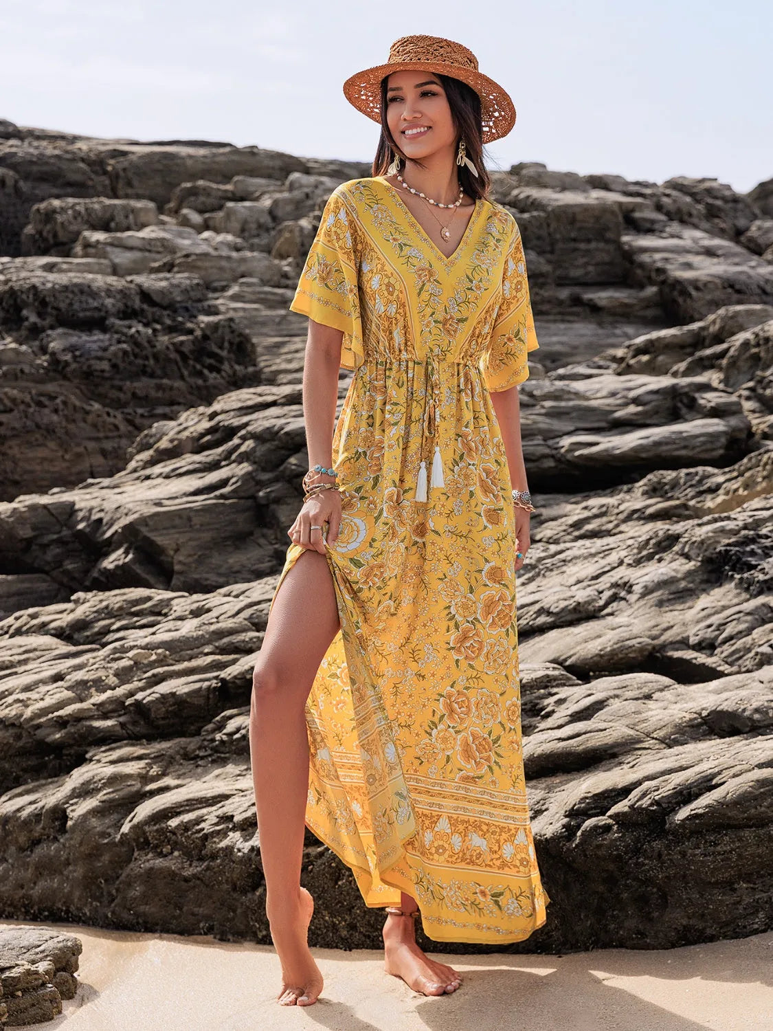 Drawstring Printed Plunge Half Sleeve Dress Gold Casual Dresses - Tophatter Daily Deals