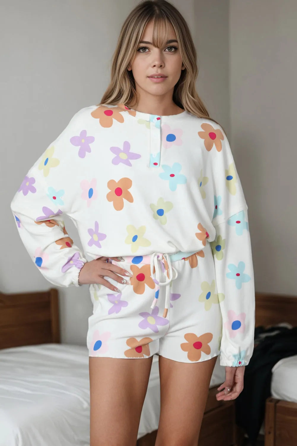 Printed Quarter Button Top and Drawstring Shorts Lounge Set White Loungewear Sets - Tophatter Daily Deals