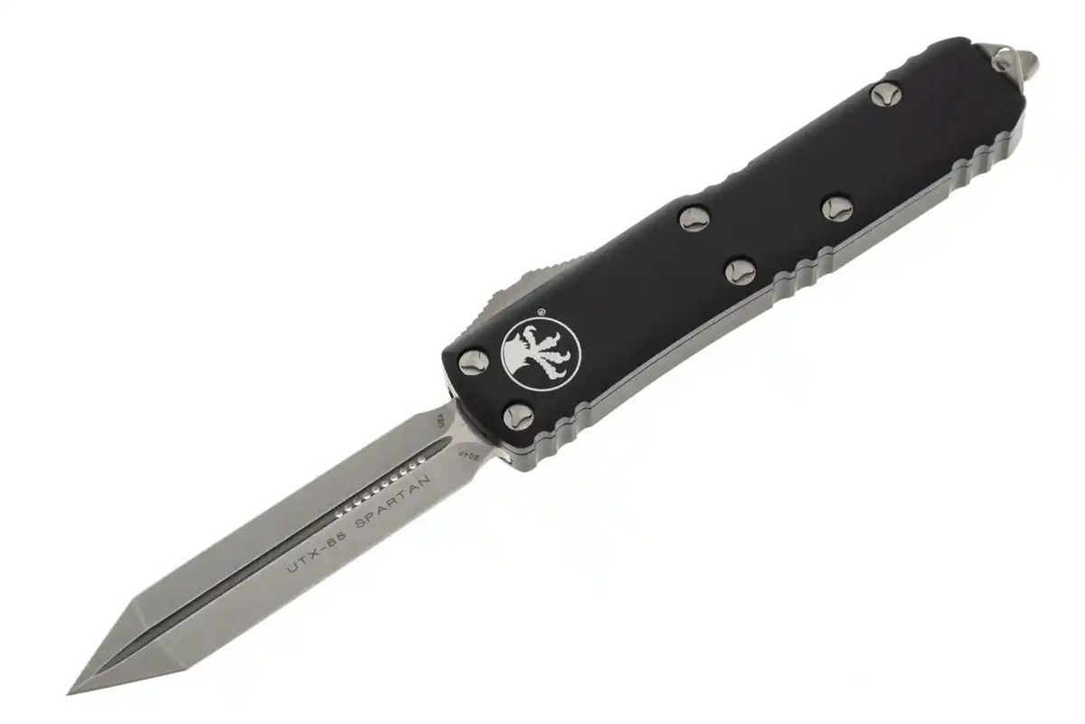 Microtech UTX-85 - Spartan Blade - Stonewashed Finish - Black Chassis - 230-10 Automatic Knives - Tophatter Daily Deals