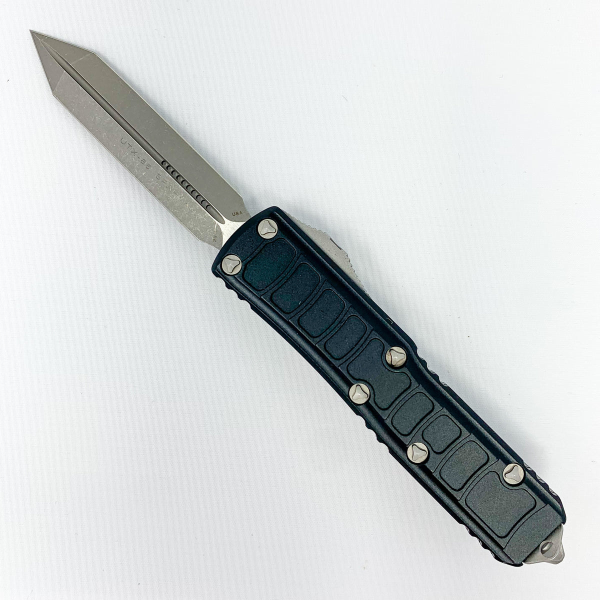 Microtech UTX-85 - Signature Series - Spartan Blade - Apocalyptic Finish - Black Chassis - 230II-10APS Automatic Knives - Tophatter Daily Deals