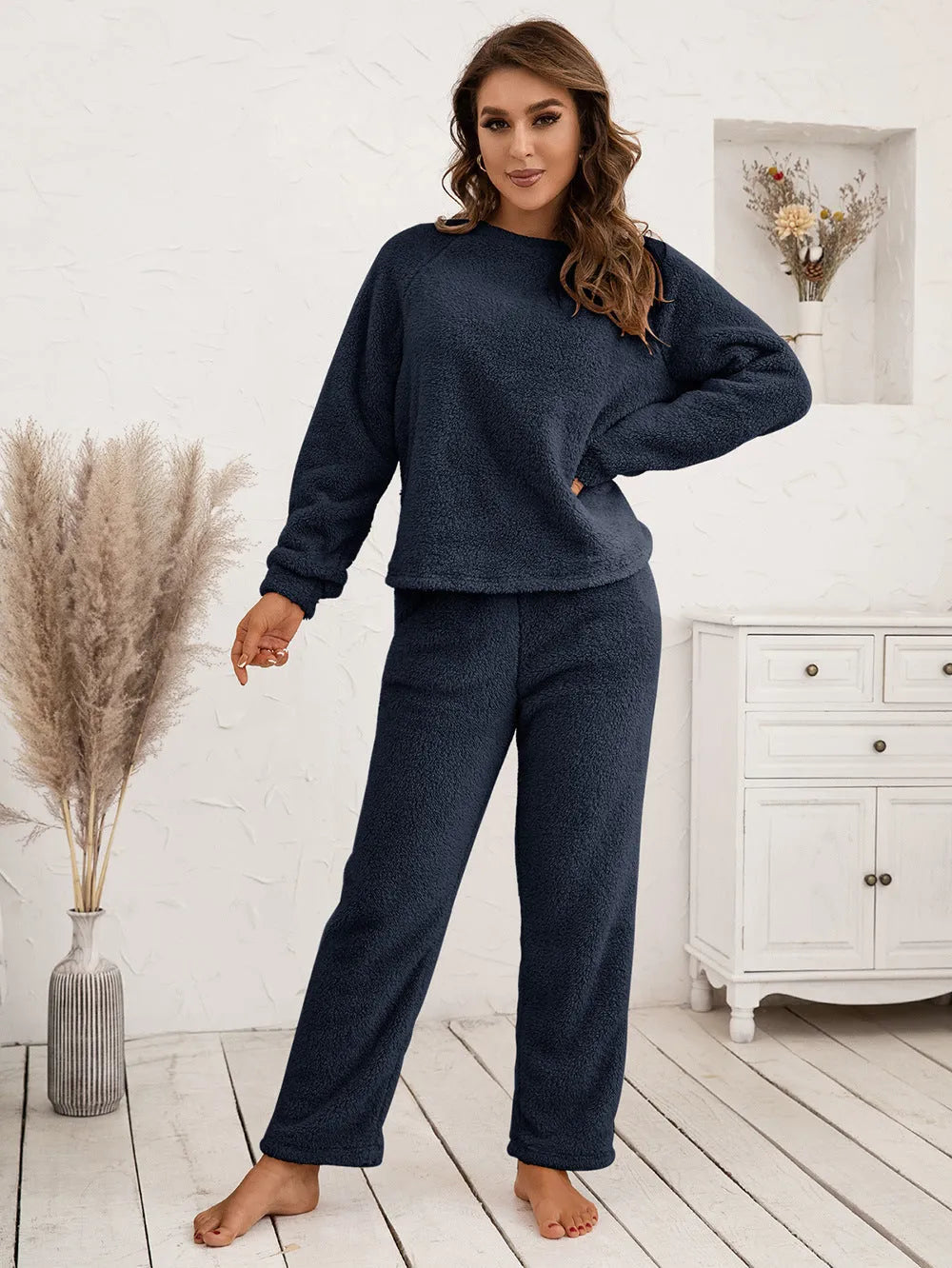 Teddy Long Sleeve Top and Pants Lounge Set Dark Blue Loungewear Sets - Tophatter Daily Deals