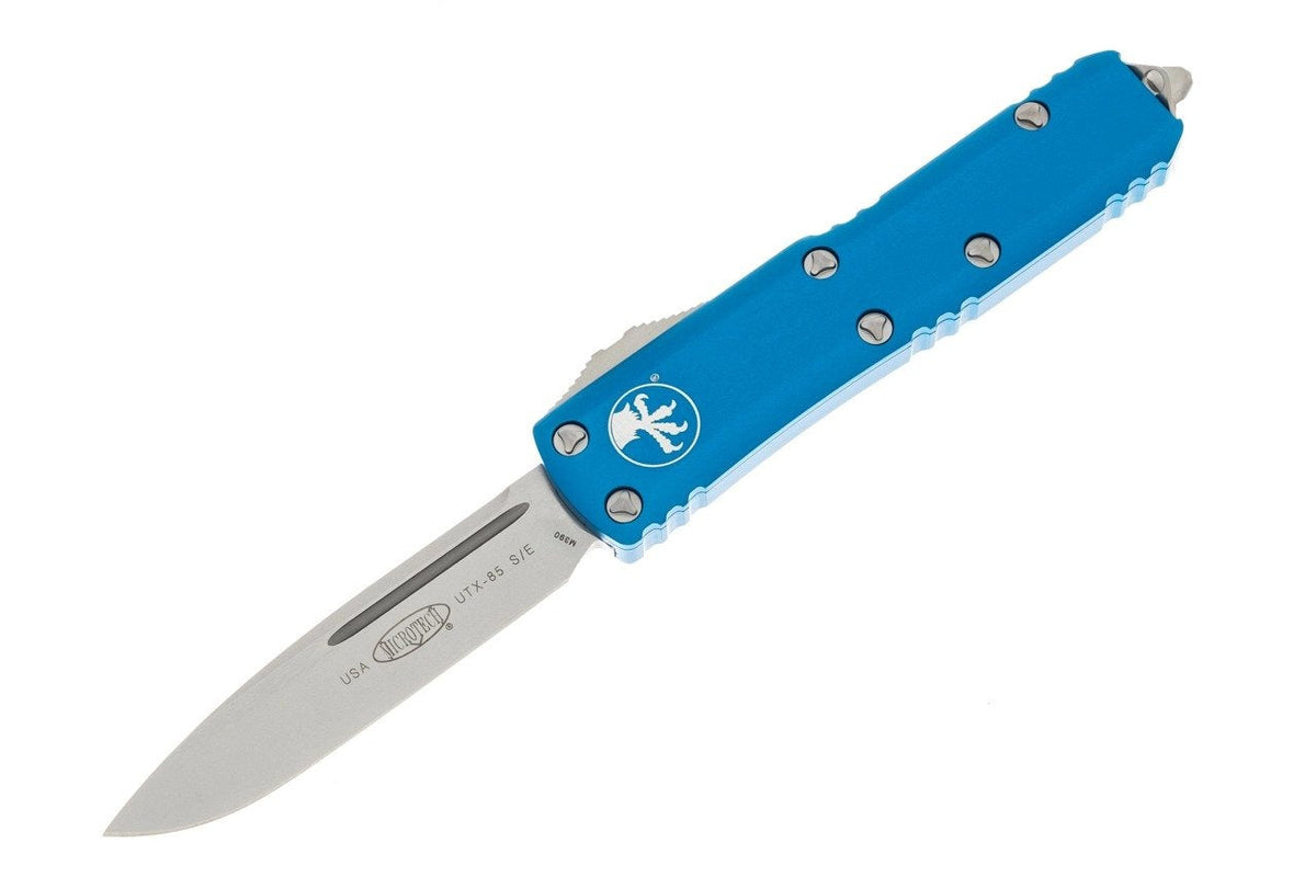 Microtech UTX-85 - Single Edge - Satin Hardware - Blue Chassis - 231-10BL Automatic Knives - Tophatter Daily Deals