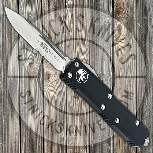 Microtech - UTX-85 - Single Edge Partially Serrated - Stonewashed Blade - Black Chassis - 231-11 Automatic Knives - Tophatter Daily Deals