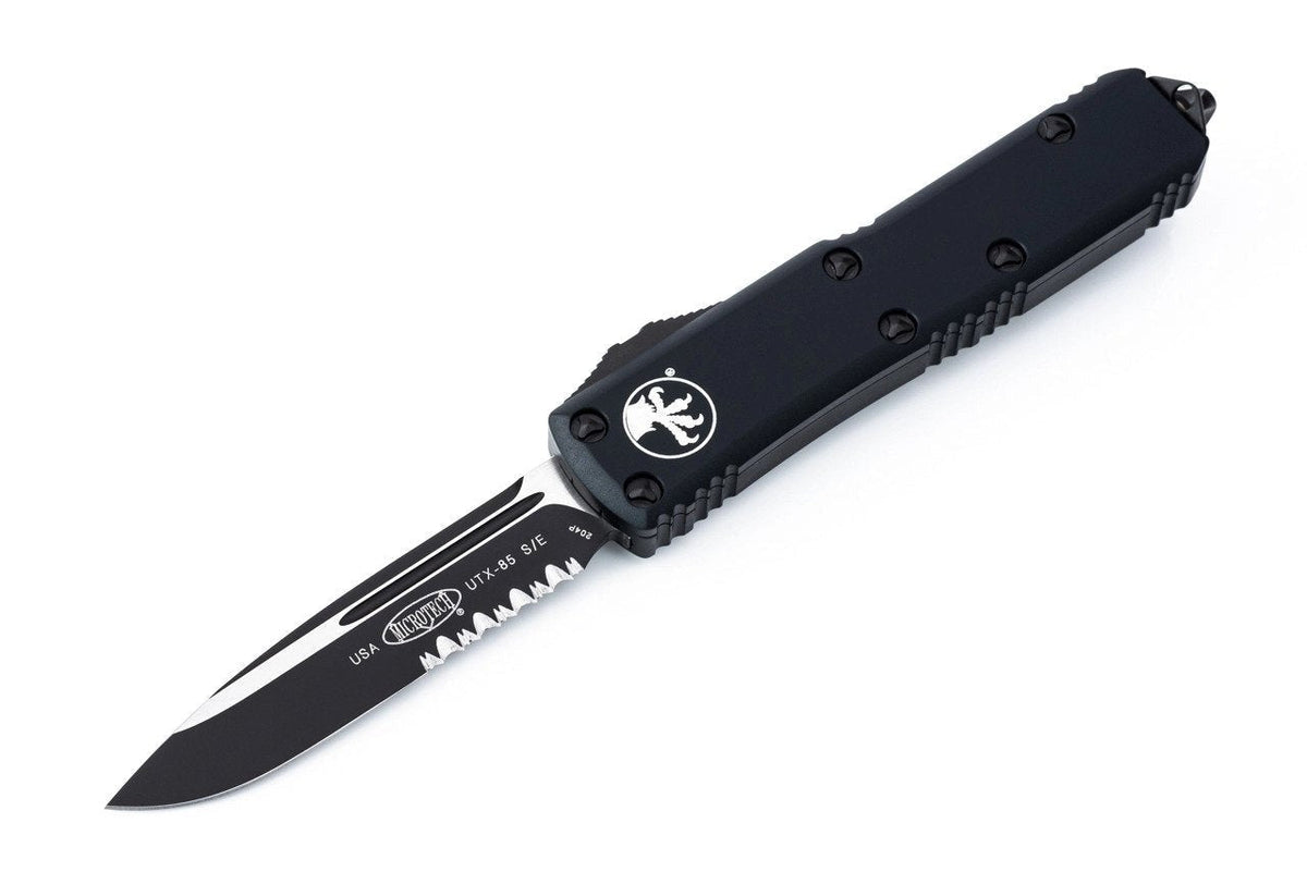 Microtech UTX-85 - Single Edge - Black Hardware - Partially Serrated - Black Tactical Chassis - 231-2T Automatic Knives - Tophatter Daily Deals