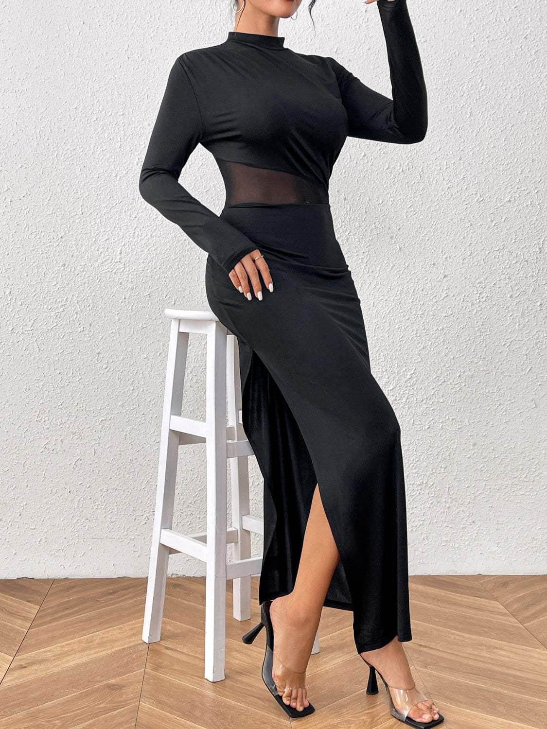 Slit Mock Neck Long Sleeve Maxi Dress Cocktail Dresses - Tophatter Daily Deals