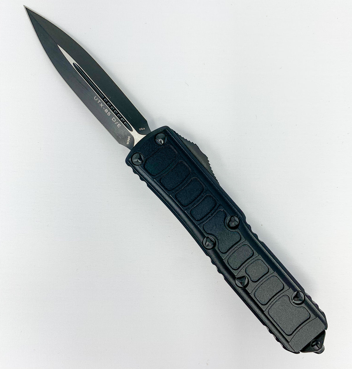 Microtech UTX-85 - Double Edge - Black Hardware - Standard Edge - Black Stepside Chassis - 232II-1TS Automatic Knives - Tophatter Daily Deals