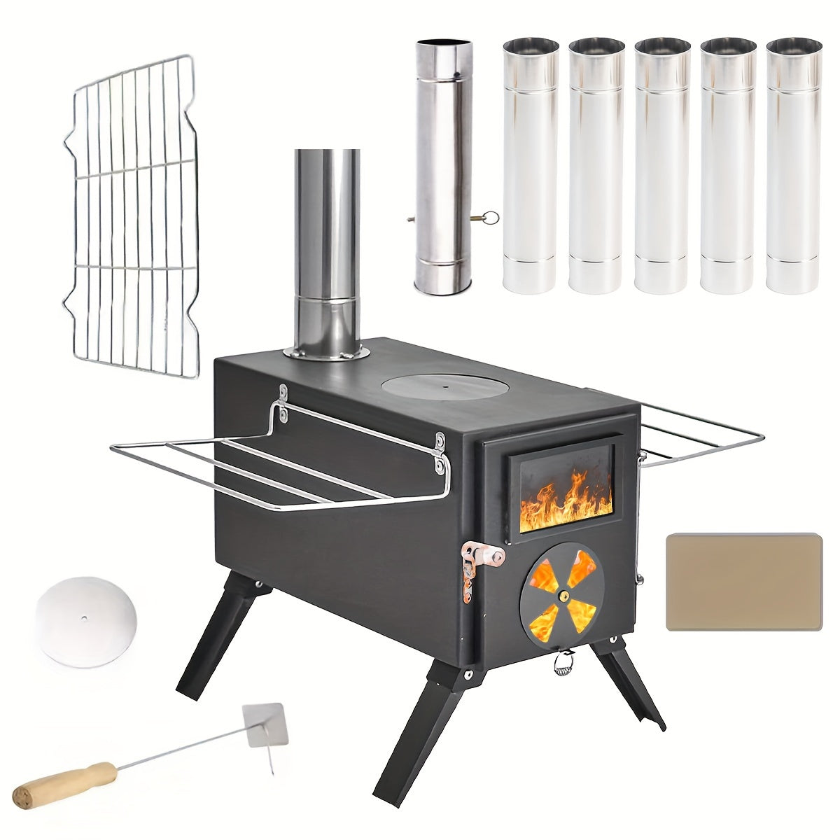 Portable Foldable Wood Stove with 7 Chimneys Outdoor Grills - Tophatter Daily Deals