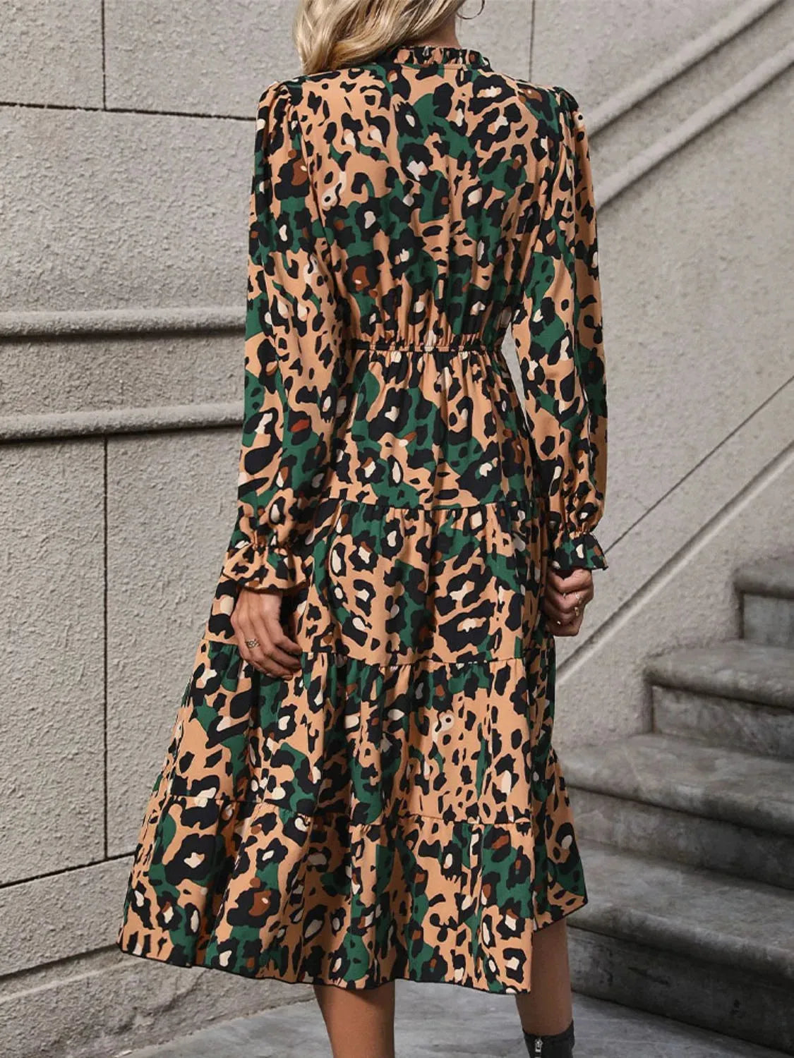 Leopard Notched Flounce Sleeve Midi Dress Casual Dresses - Tophatter Daily Deals