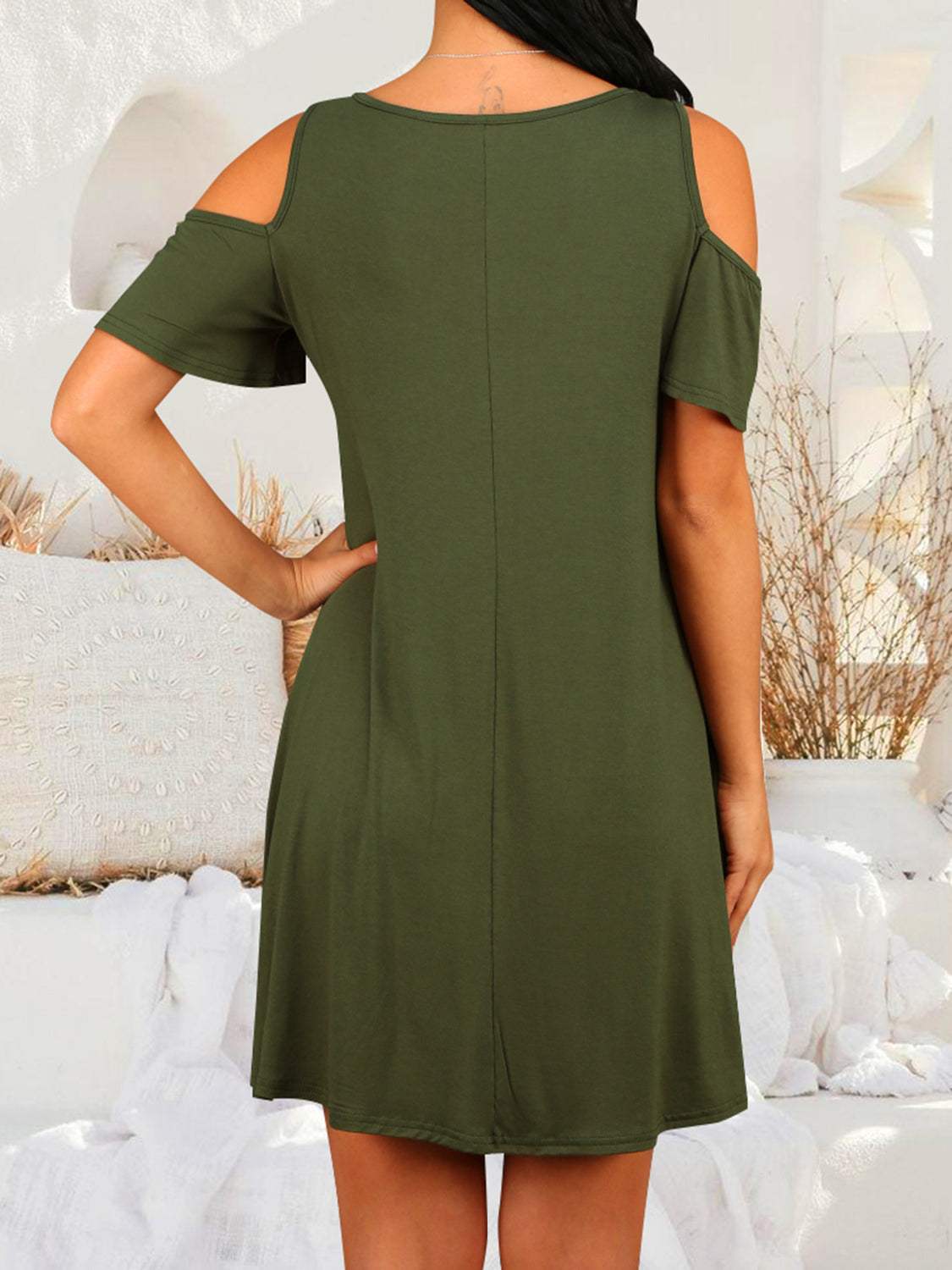 Round Neck Cold Shoulder Short Sleeve Dress Casual Dresses - Tophatter Daily Deals