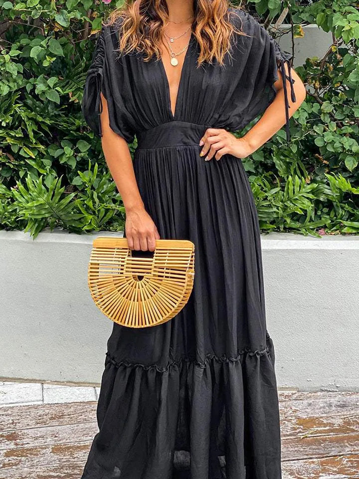 Plunge Neck Tie Sleeve Maxi Dress Casual Dresses - Tophatter Daily Deals
