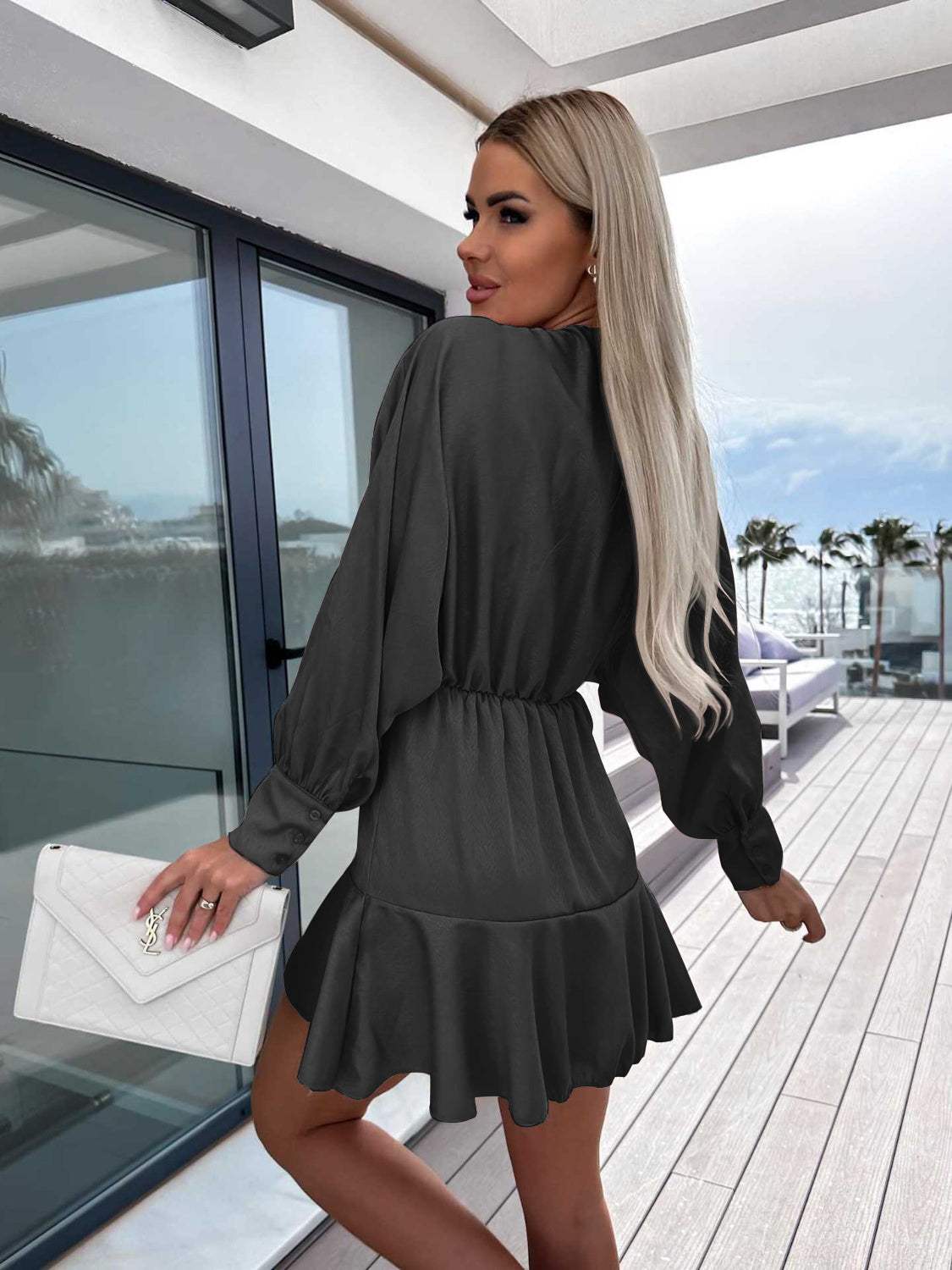 Surplice Ruffle Hem Lantern Sleeve Mini Dress Casual Dresses - Tophatter Daily Deals