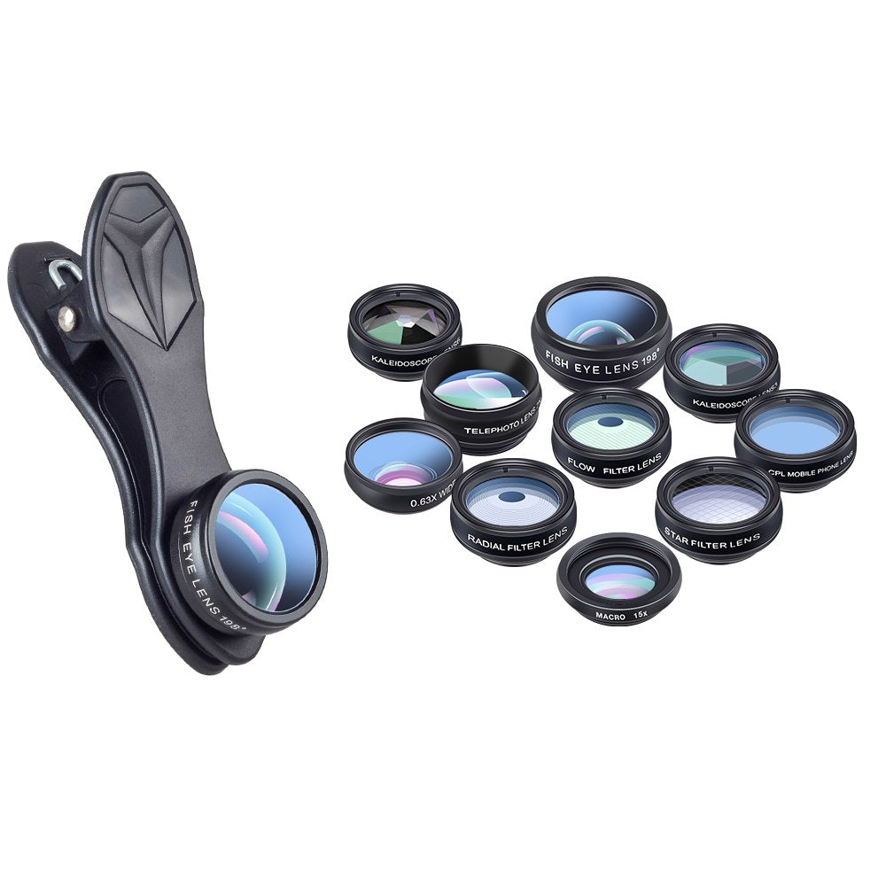 APEXEL Phone lens kit universal 10 in 1 Fisheye Wide Angle macro Lens CPL Filter Kaleidoscope+2X telescope Lens for smartphone 0 - Tophatter Daily Deals