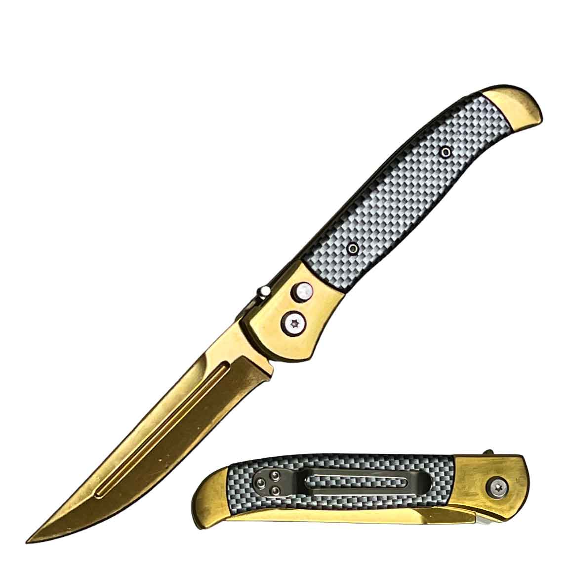 4.5" Closed Everyday Carry Clip Point Auto Switchblade Knife Gold Collectible Weapons - Tophatter Daily Deals