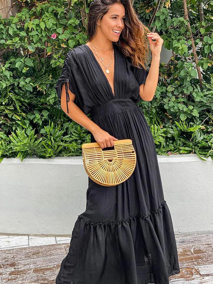 Plunge Neck Tie Sleeve Maxi Dress Casual Dresses - Tophatter Daily Deals