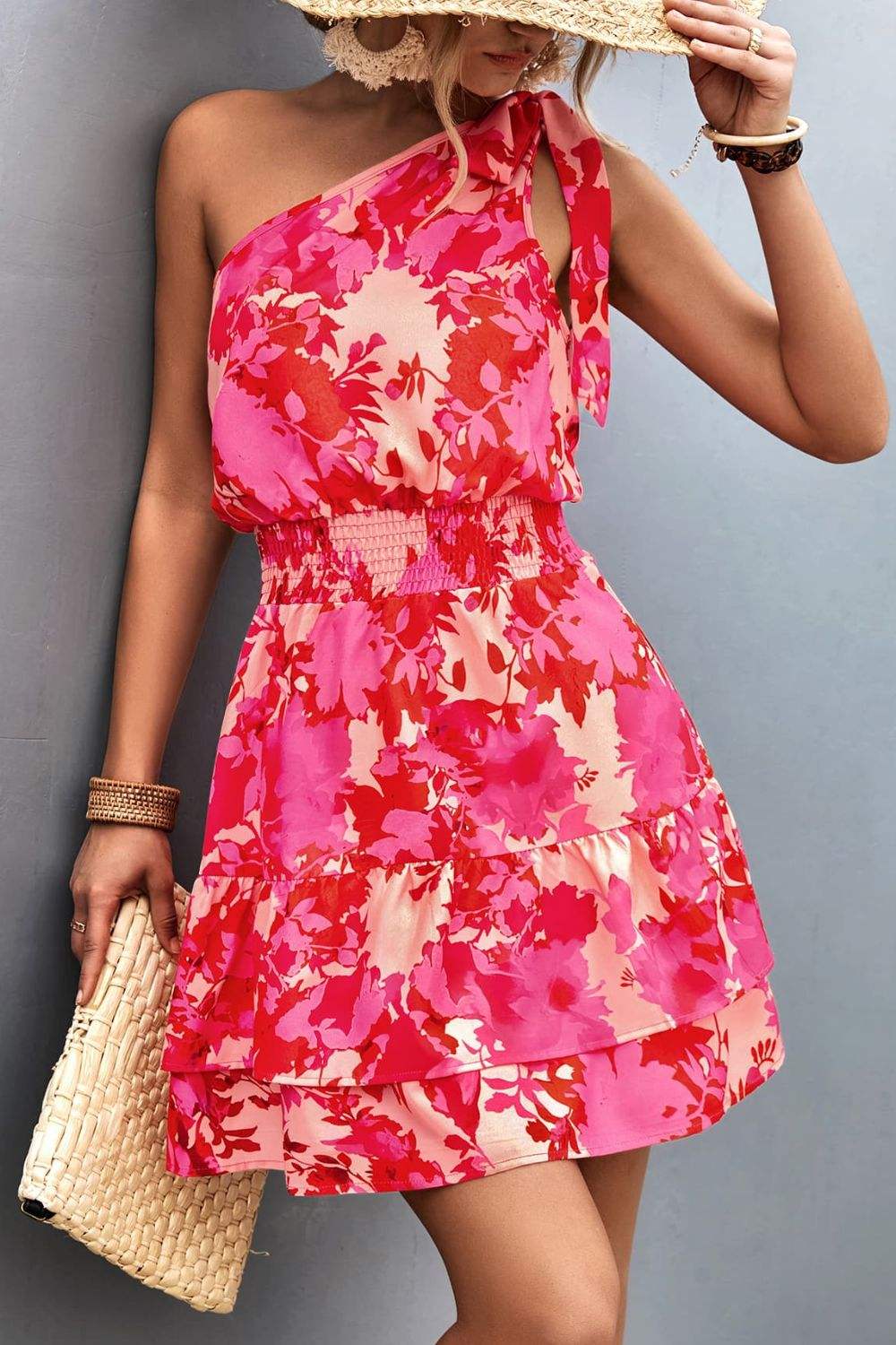 Tied Smocked Printed Single Shoulder Dress Casual Dresses - Tophatter Daily Deals