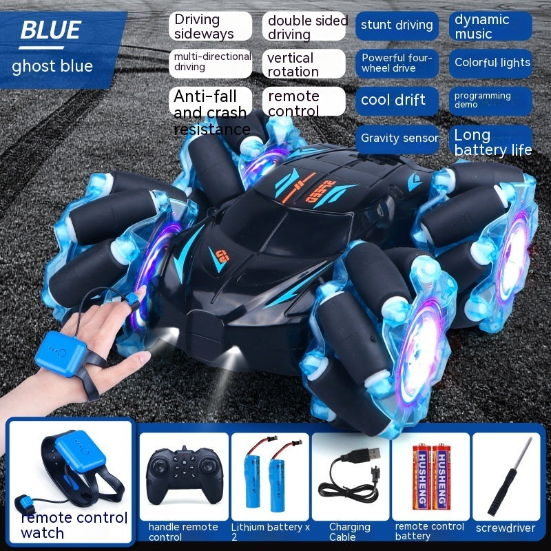 24G High-speed Wireless Remote Control Car Light Music Four-wheel Drive Double-sided Driving Flip Rotating Drift Car Stunt Car Blue Dual remote control 2PC Battery 0 - Tophatter Daily Deals