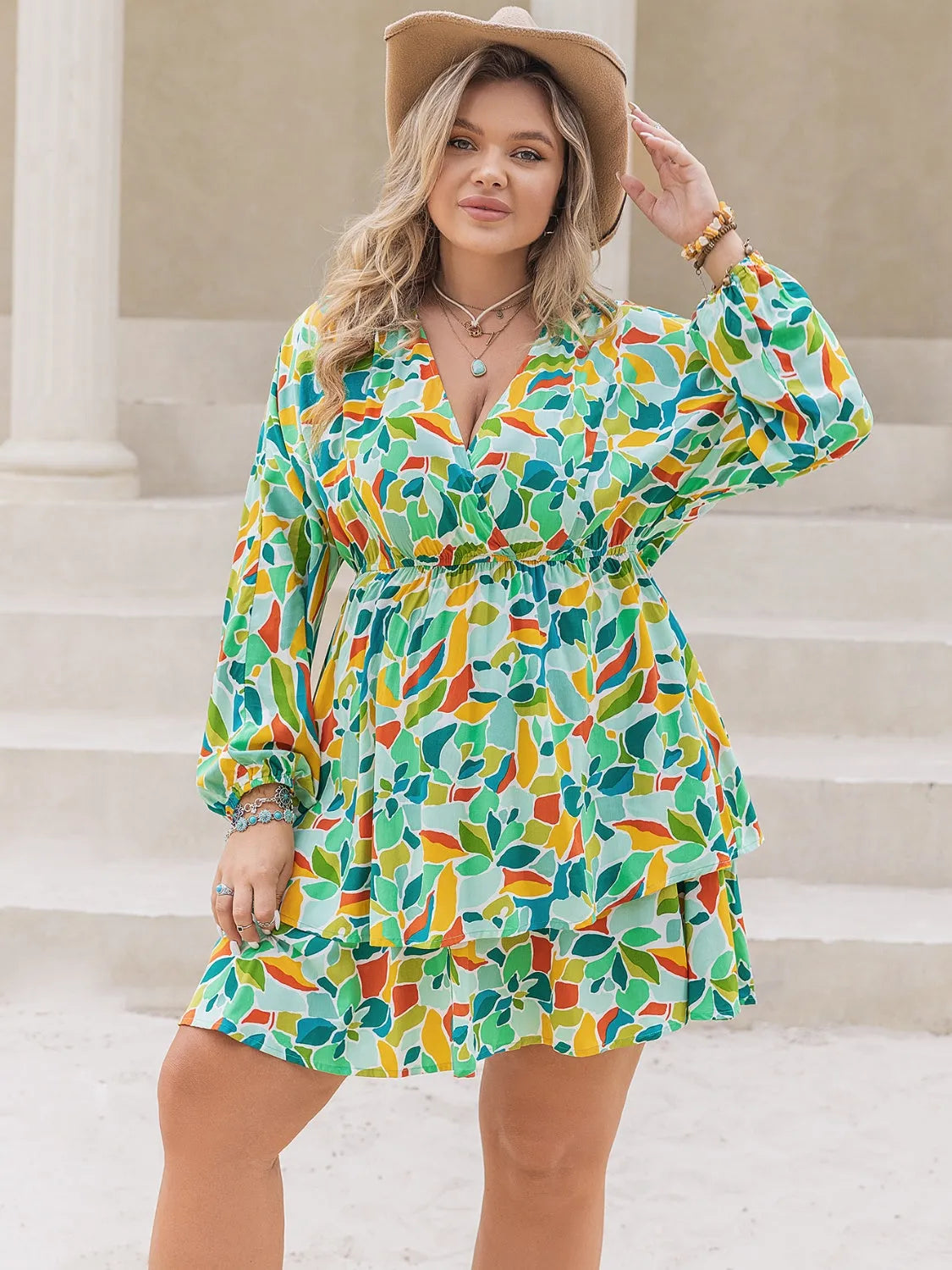 Plus Size Printed Surplice Long Sleeve Mini Dress Casual Dresses - Tophatter Daily Deals