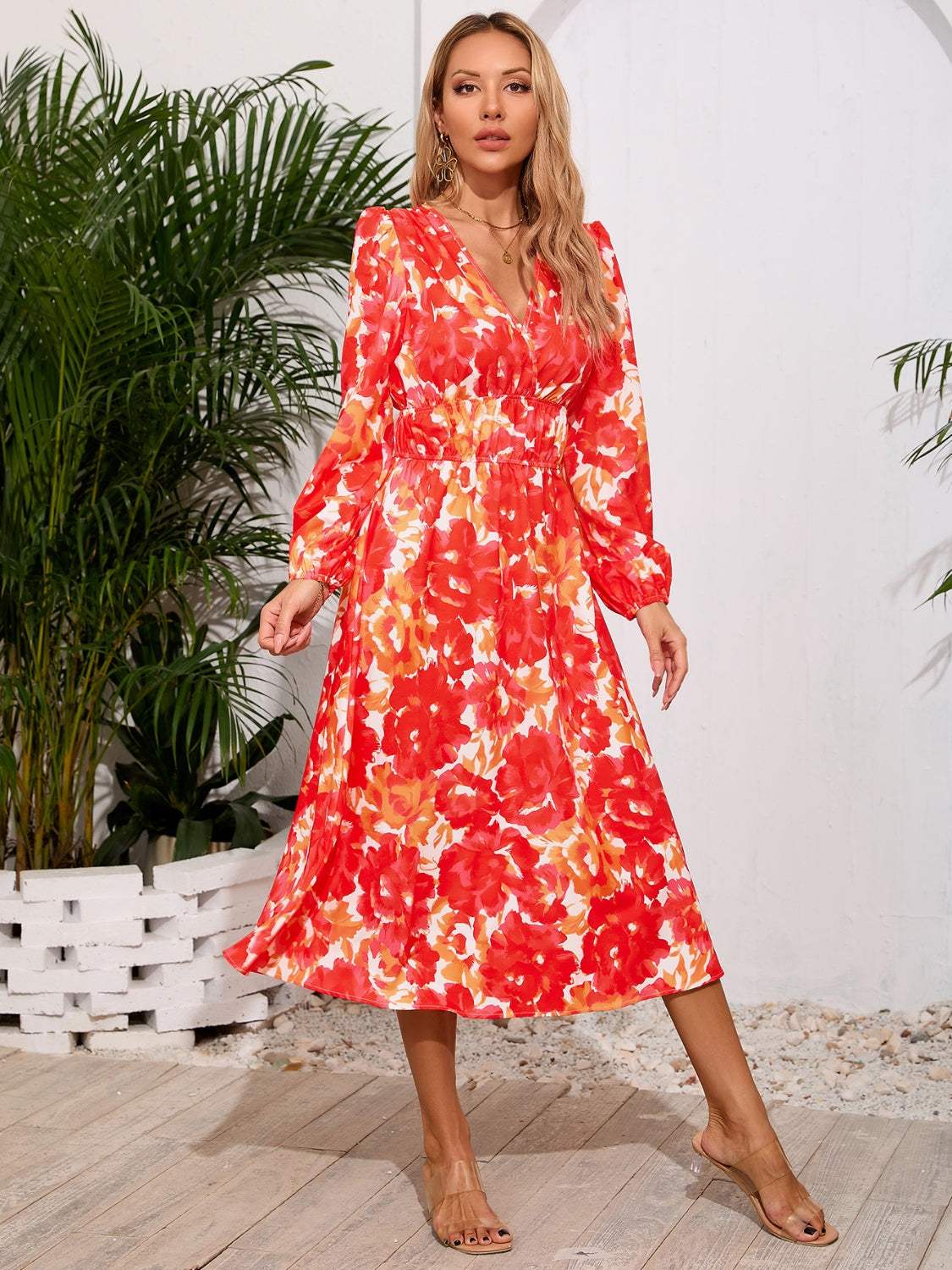 Printed Surplice Long Sleeve Midi Dress Casual Dresses - Tophatter Daily Deals