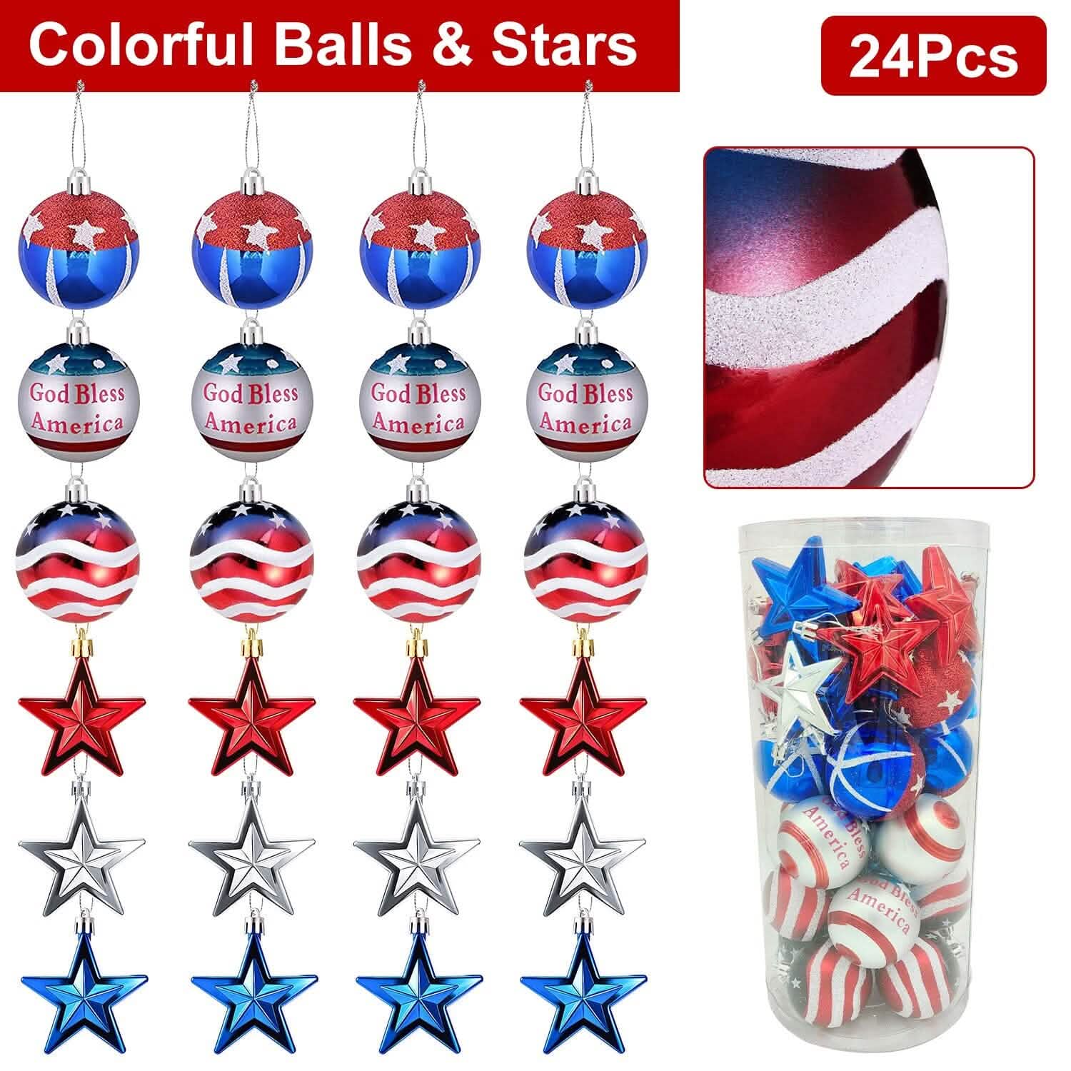 24-Pieces Set: Hanging Ornaments Ball Star Patriotic Seasonal Decor - Tophatter Daily Deals