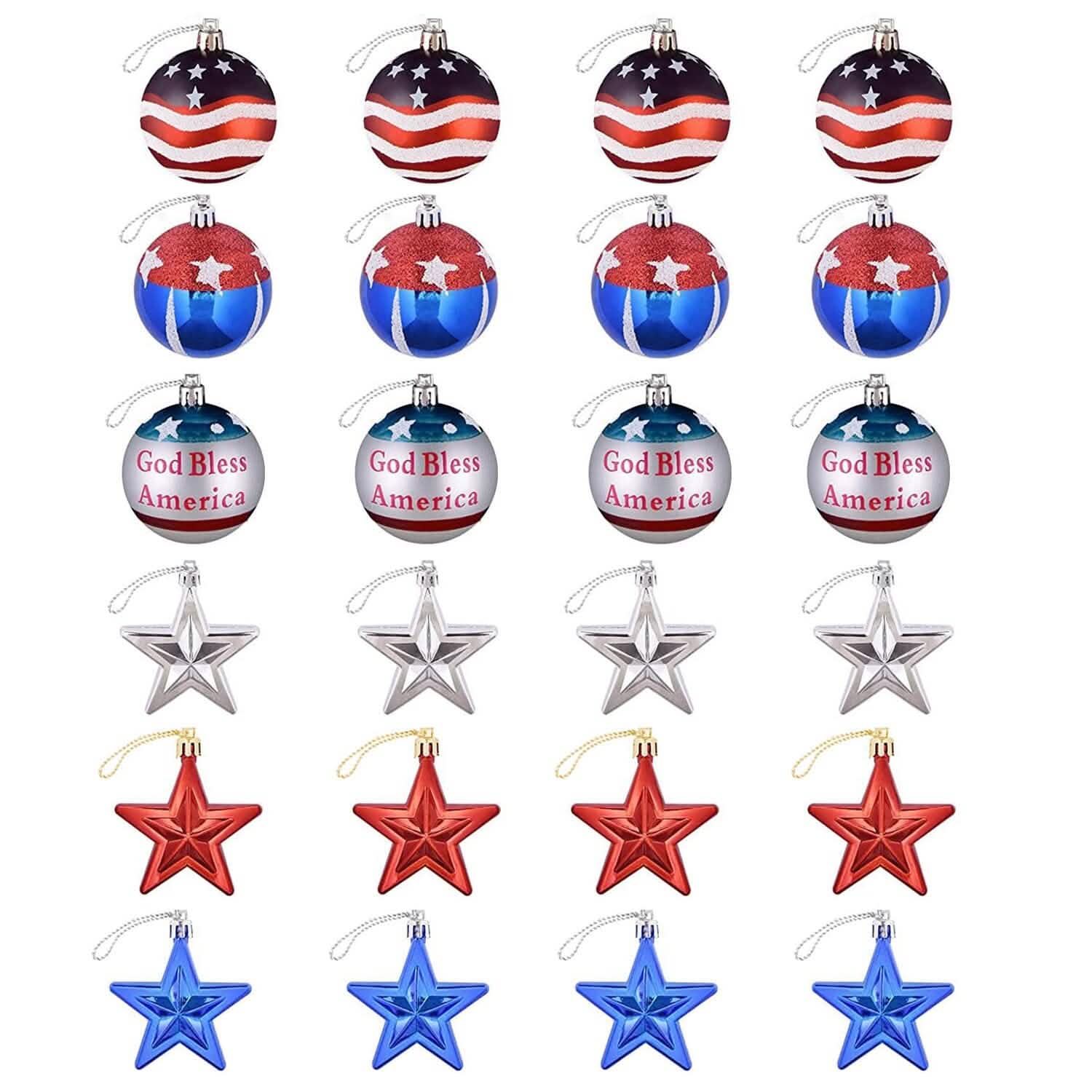 24-Pieces Set: Hanging Ornaments Ball Star Patriotic Seasonal Decor - Tophatter Daily Deals