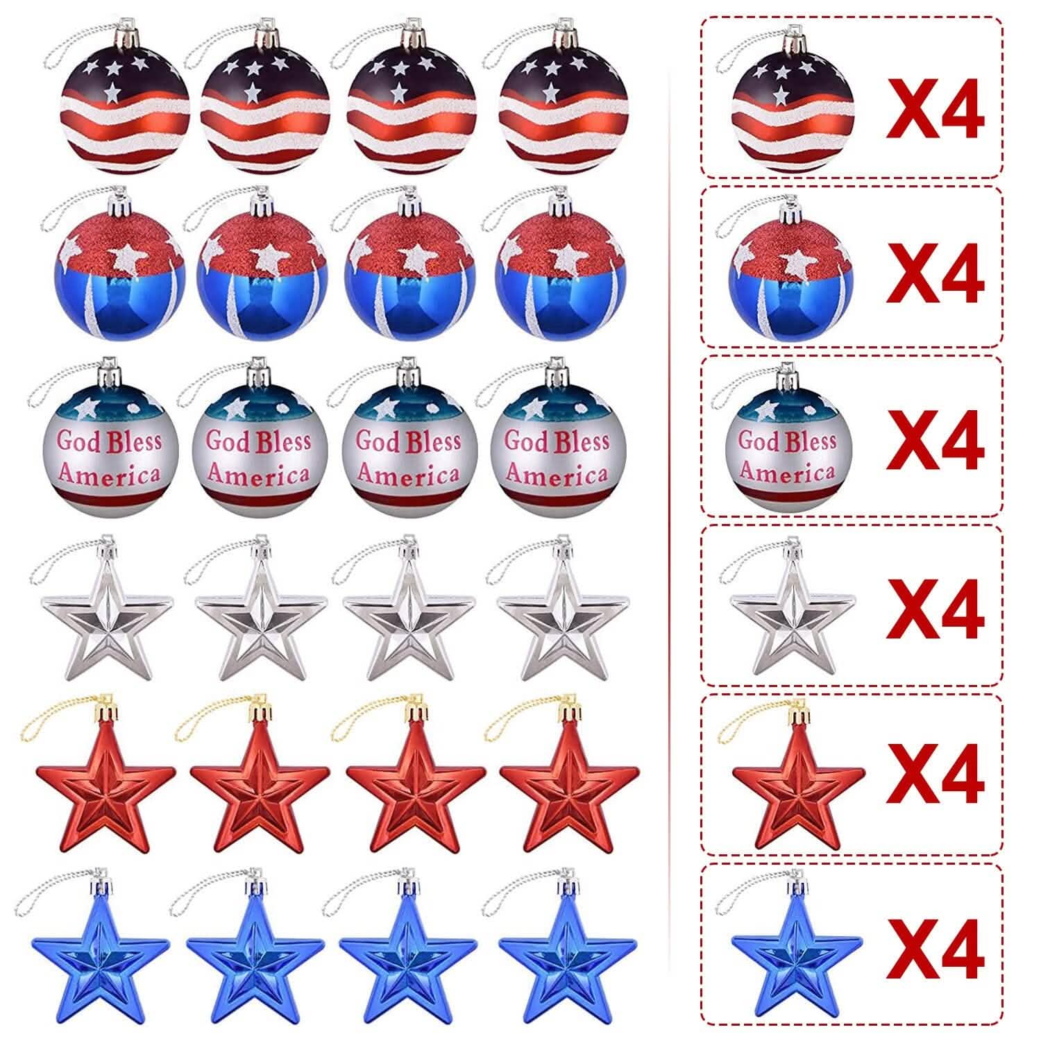 24-Pieces Set: Hanging Ornaments Ball Star Patriotic Seasonal Decor - Tophatter Daily Deals