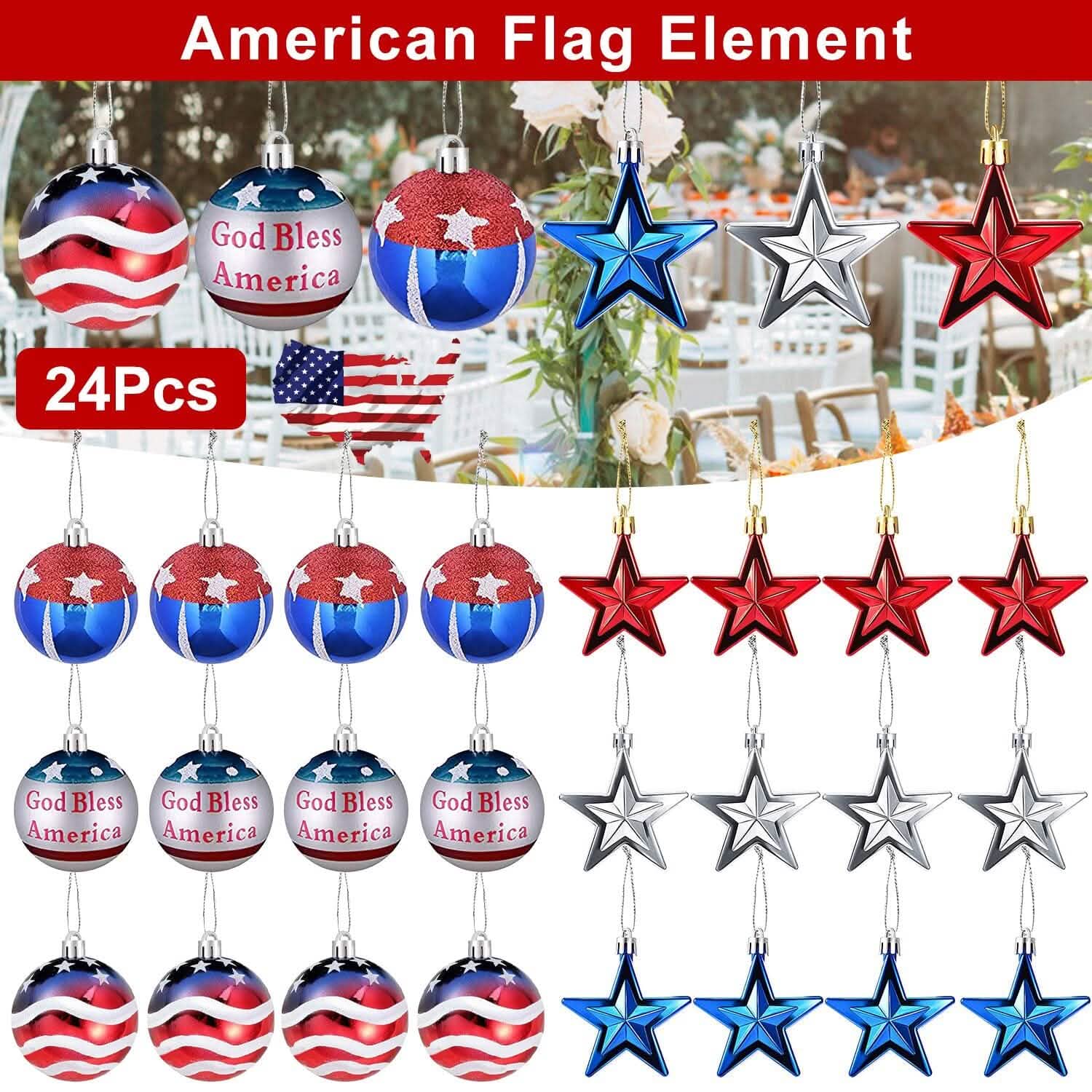 24-Pieces Set: Hanging Ornaments Ball Star Patriotic Seasonal Decor - Tophatter Daily Deals