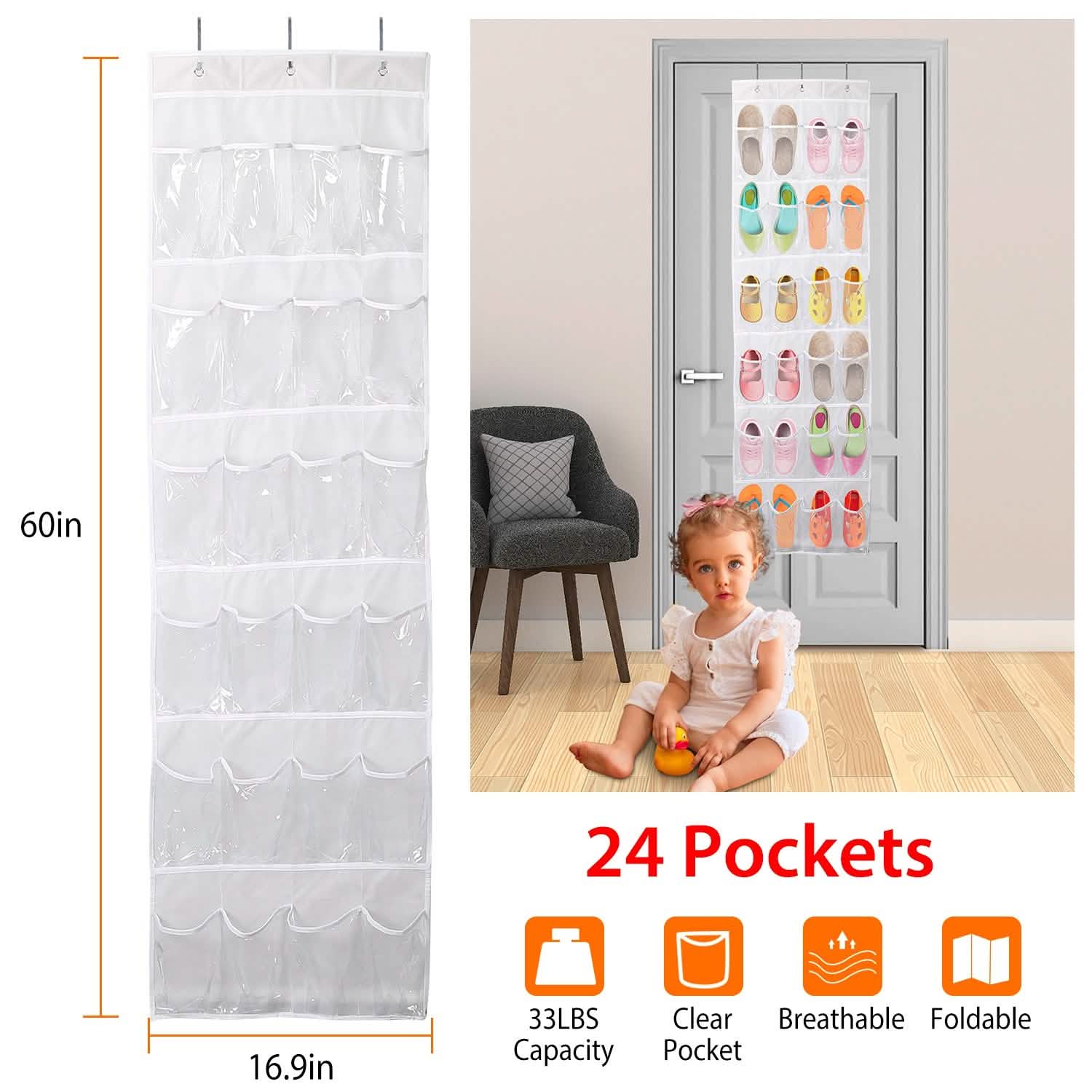 24-Pocket: Over the Door Shoes Rack Crystal Clear Organizer Storage & Organization - Tophatter Daily Deals