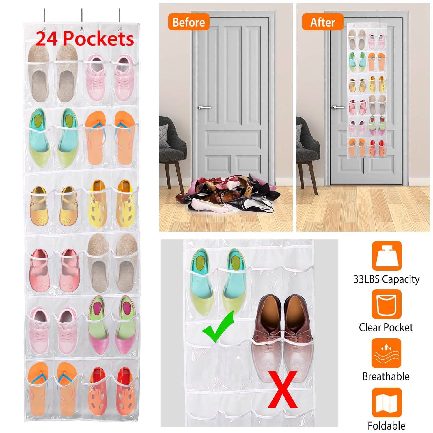 24-Pocket: Over the Door Shoes Rack Crystal Clear Organizer Storage & Organization - Tophatter Daily Deals