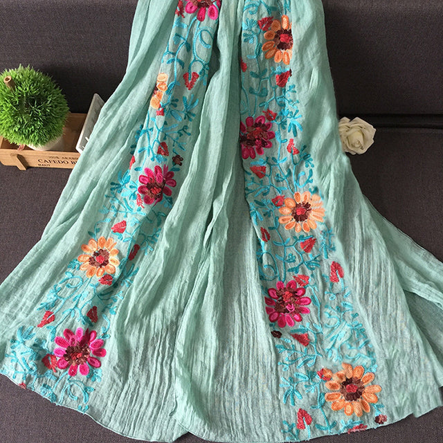 Lightweight Flowy Women Scarf - Embroidered Floral, Cotton - Tophatter Daily Deals