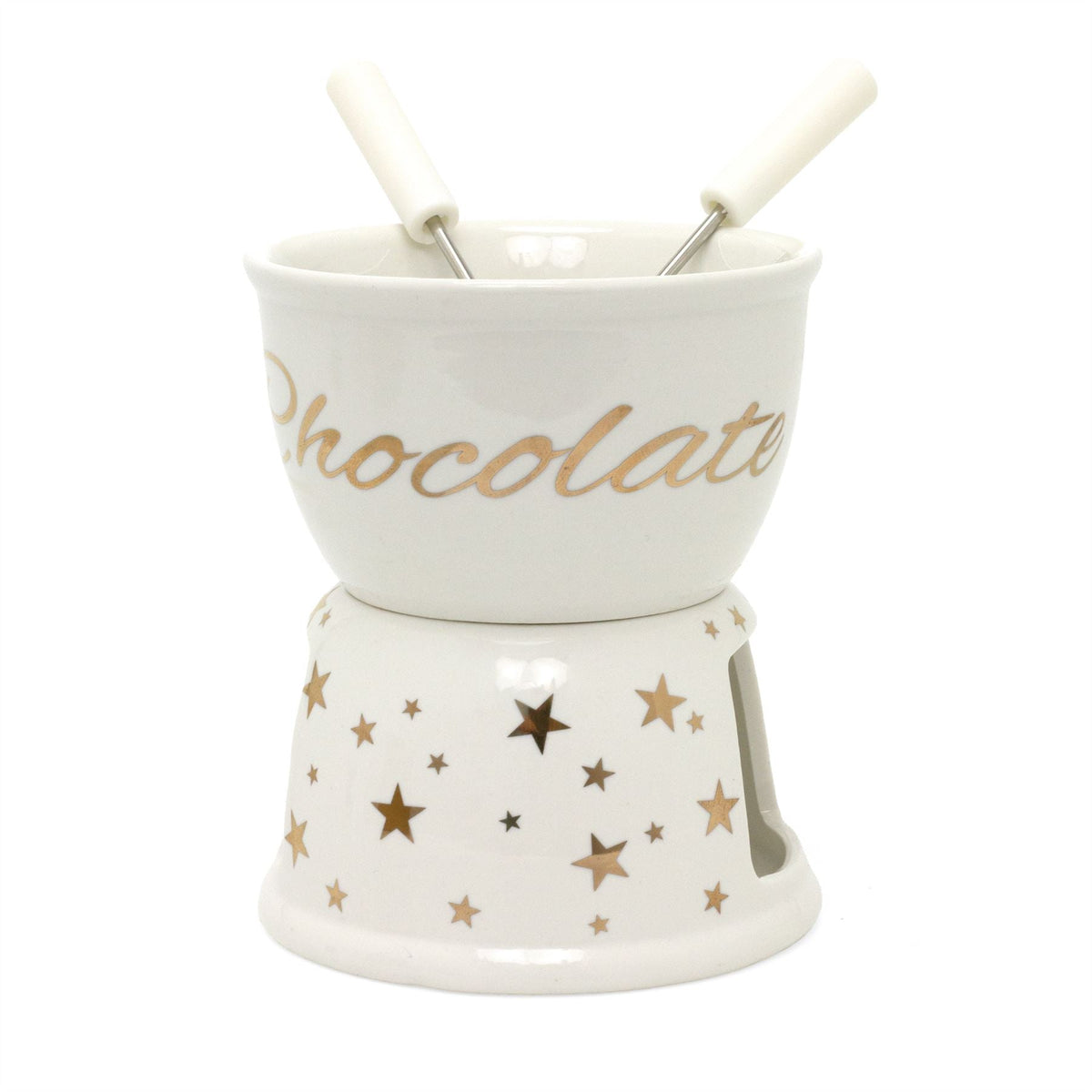 Chocolate Fondue Set | White Ceramic Tea Light Candle Fondue Pot with 2 Forks Fondue Set - Tophatter Daily Deals