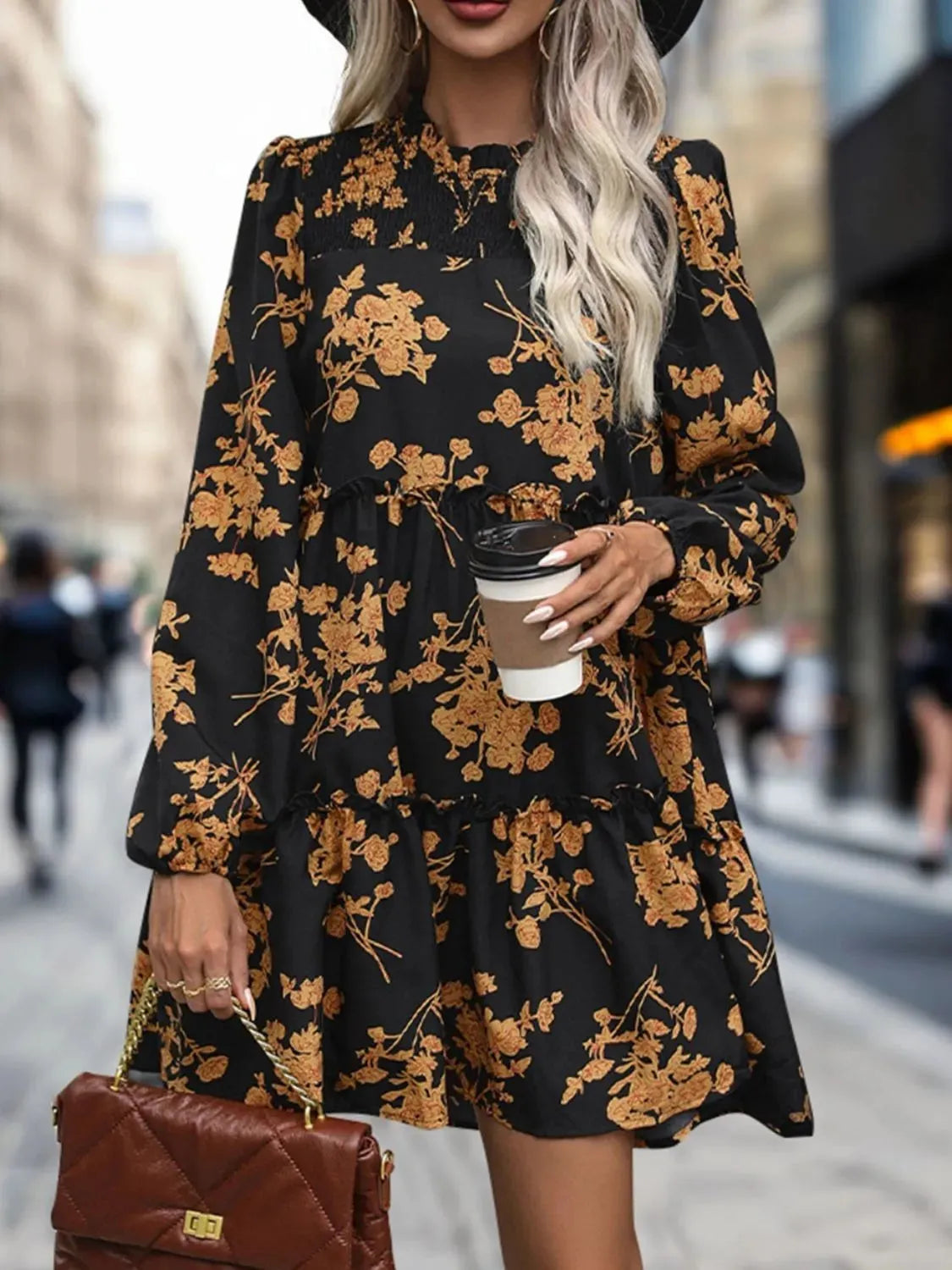 Frill Printed Long Sleeve Mini Dress Black Casual Dresses - Tophatter Daily Deals