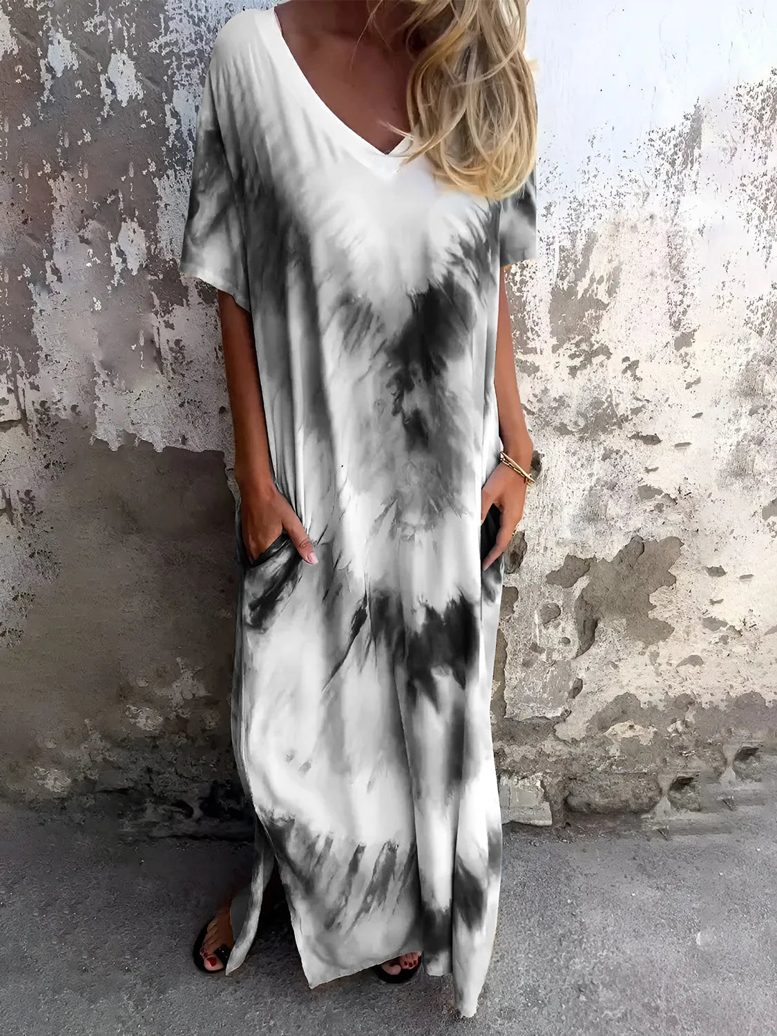 Full Size Pocketed Tie-Dye Short Sleeve Dress Dark Gray Casual Dresses - Tophatter Daily Deals