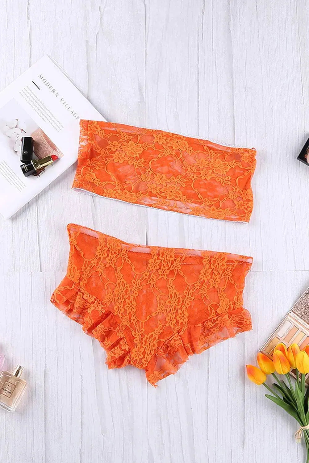 Lace Tube Top and Frill Trim Panty Lingerie Set Orange L Bras & Pantie Set - Tophatter Daily Deals