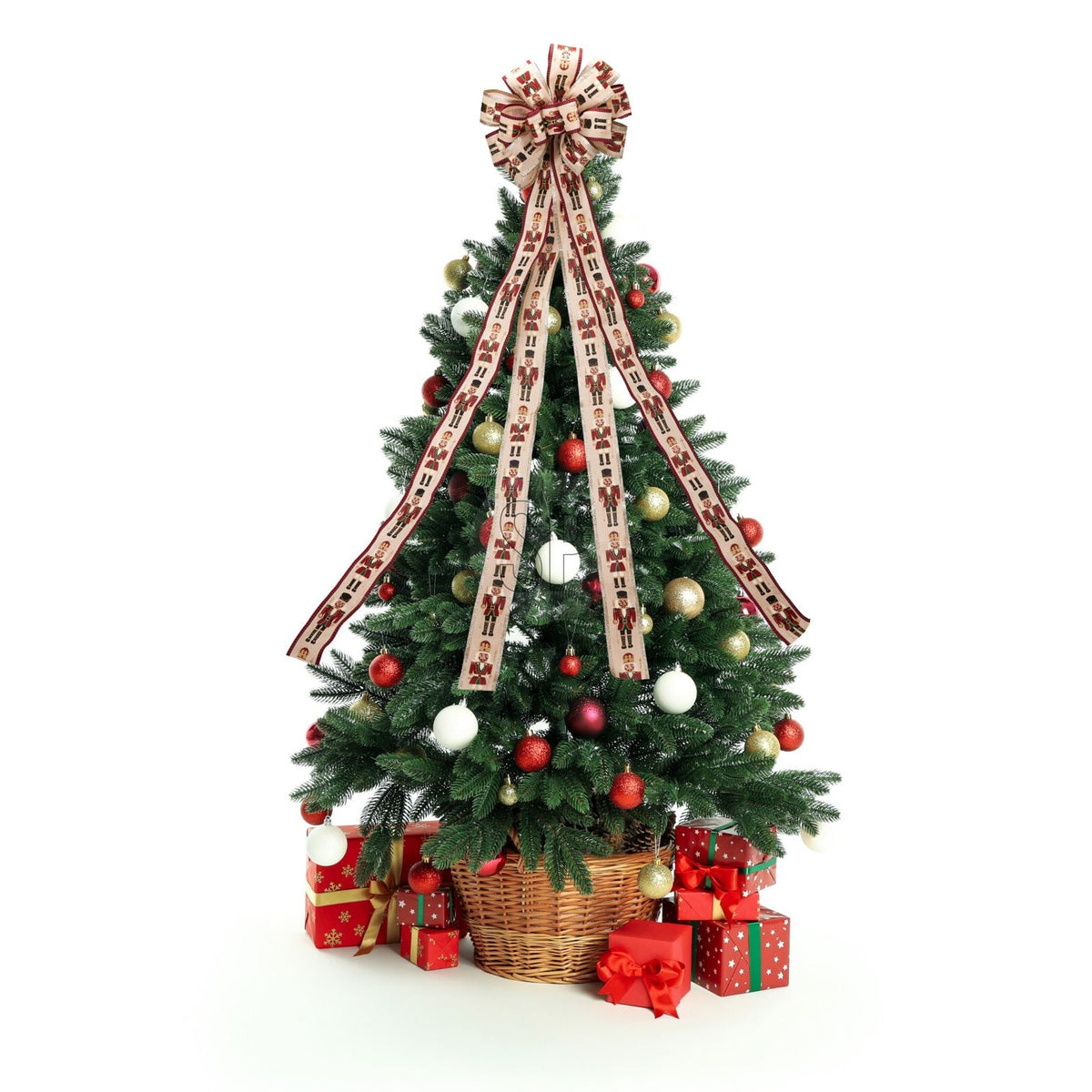 Nutcracker Tree Top Bow with Long Streamer | Fabric Christmas Tree Topper Tree Decoration - Tophatter Daily Deals