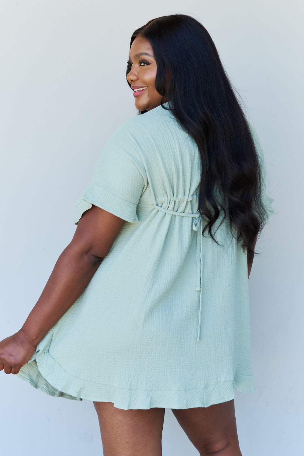 Ninexis Out Of Time Full Size Ruffle Hem Dress with Drawstring Waistband in Light Sage Casual Dresses - Tophatter Daily Deals