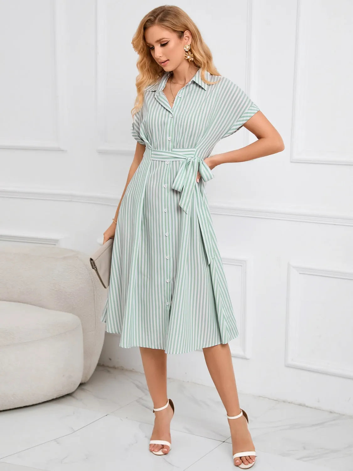 Striped Short Sleeve Tie Waist Midi Dress Casual Dresses - Tophatter Daily Deals