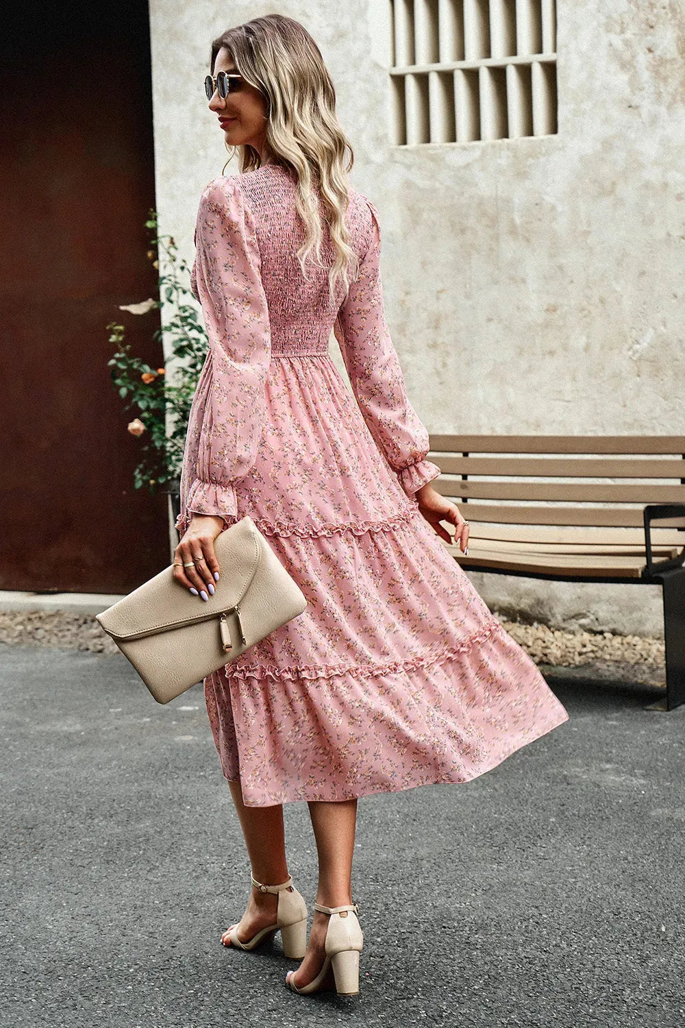 Smocked Flounce Sleeve Midi Dress Casual Dresses - Tophatter Daily Deals