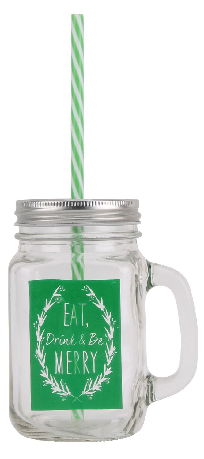 Retro Mason Style Tennessee Glass Handled Christmas Drinking Jar With Lid And Straw ~ Green Mason Drinking Jar - Tophatter Daily Deals