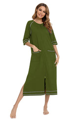 Zip Up Slit Round Neck Night Dress with Pockets Sleep Dresses - Tophatter Daily Deals